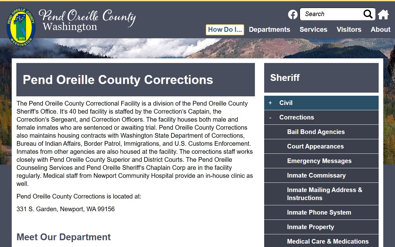 Pend Oreille County Corrections inmate lookup facility page
