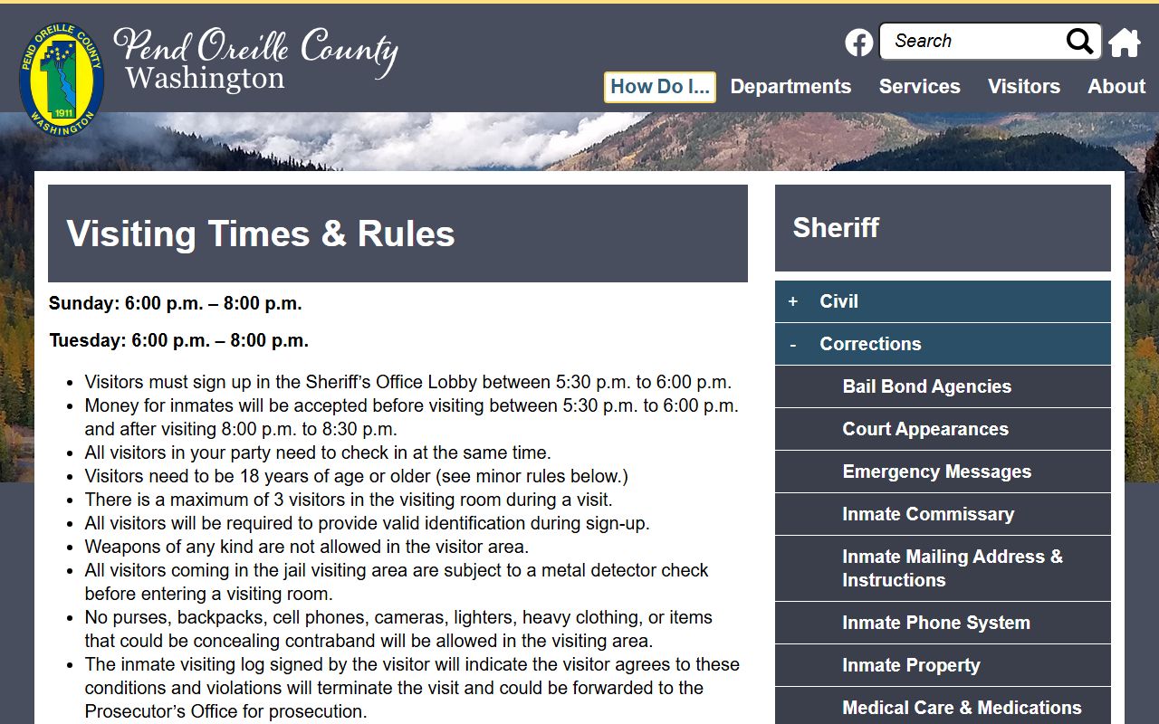 Pend Oreille County Corrections visitation schedule for inmate visits
